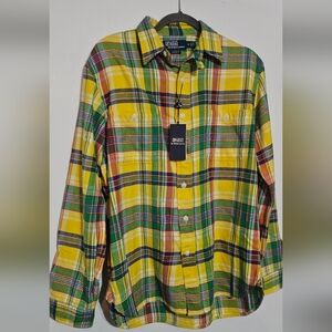 Polo Ralph Lauren Classic Fit Plaid Flannel Shirt Yellow Multi Men Size Med NWT